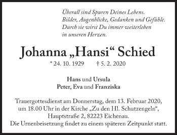 Traueranzeige von Johanna Schied von Süddeutsche Zeitung
