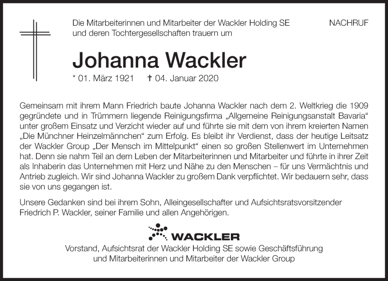  Traueranzeige für Johanna Wackler vom 01.02.2020 aus Süddeutsche Zeitung