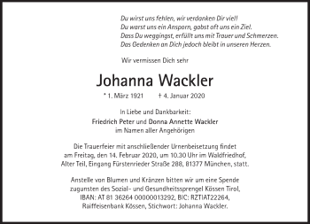 Traueranzeige von Johanna Wackler von Süddeutsche Zeitung