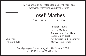 Traueranzeige von Josef Mathes von Süddeutsche Zeitung