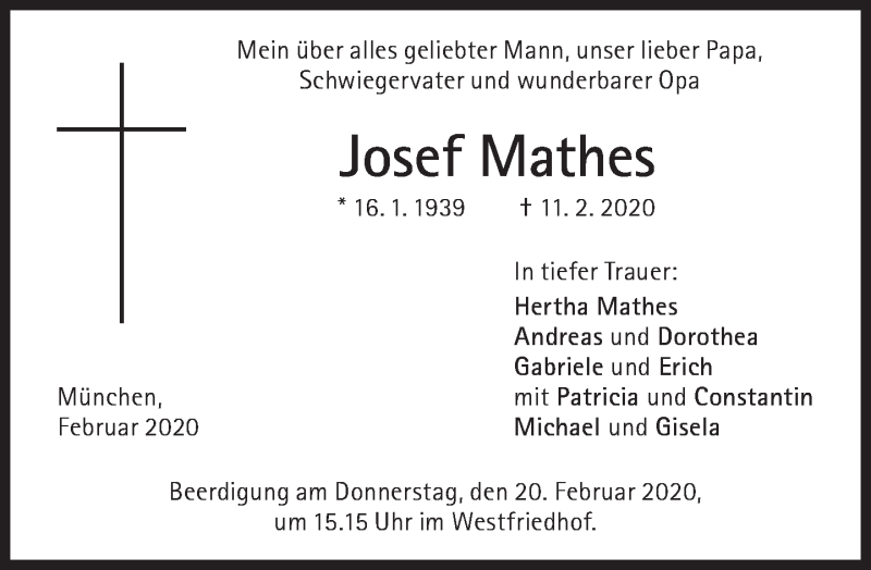  Traueranzeige für Josef Mathes vom 15.02.2020 aus Süddeutsche Zeitung