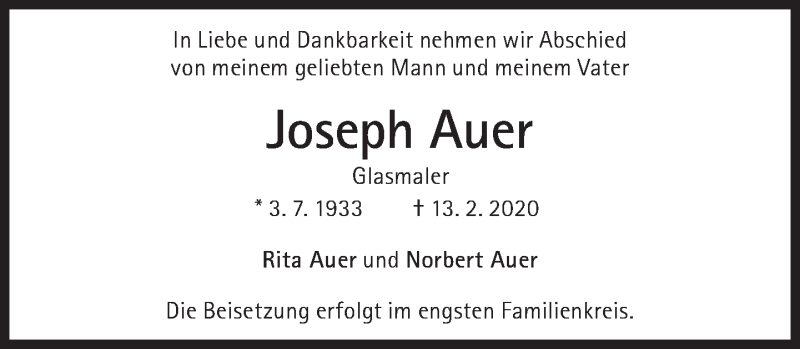  Traueranzeige für Joseph Auer vom 15.02.2020 aus Süddeutsche Zeitung