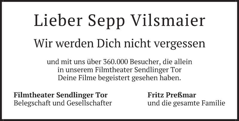  Traueranzeige für Joseph Vilsmaier vom 14.02.2020 aus Süddeutsche Zeitung