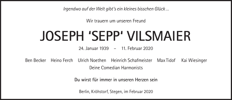  Traueranzeige für Joseph Vilsmaier vom 22.02.2020 aus Süddeutsche Zeitung
