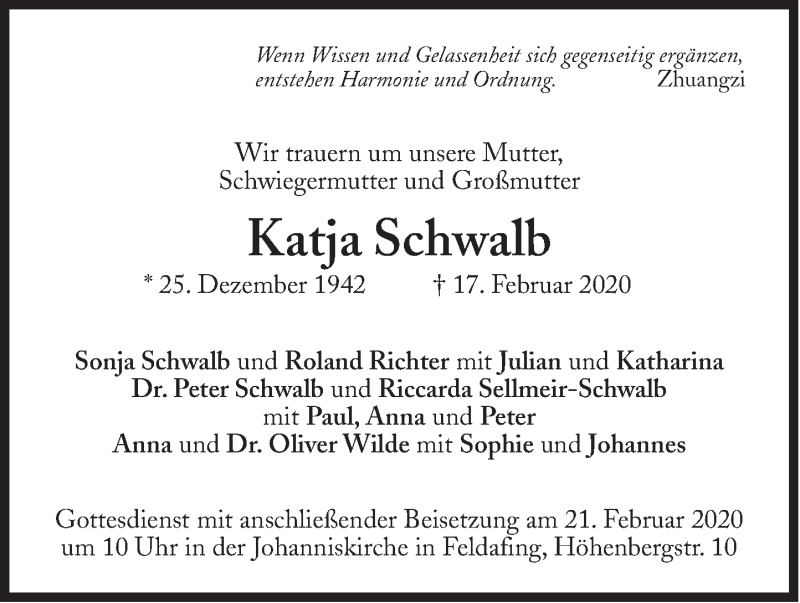  Traueranzeige für Katja Schwalb vom 19.02.2020 aus Süddeutsche Zeitung