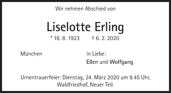 Traueranzeige von Liselotte Erling von Süddeutsche Zeitung