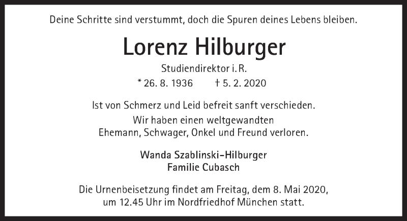  Traueranzeige für Lorenz Hilburger vom 08.02.2020 aus Süddeutsche Zeitung