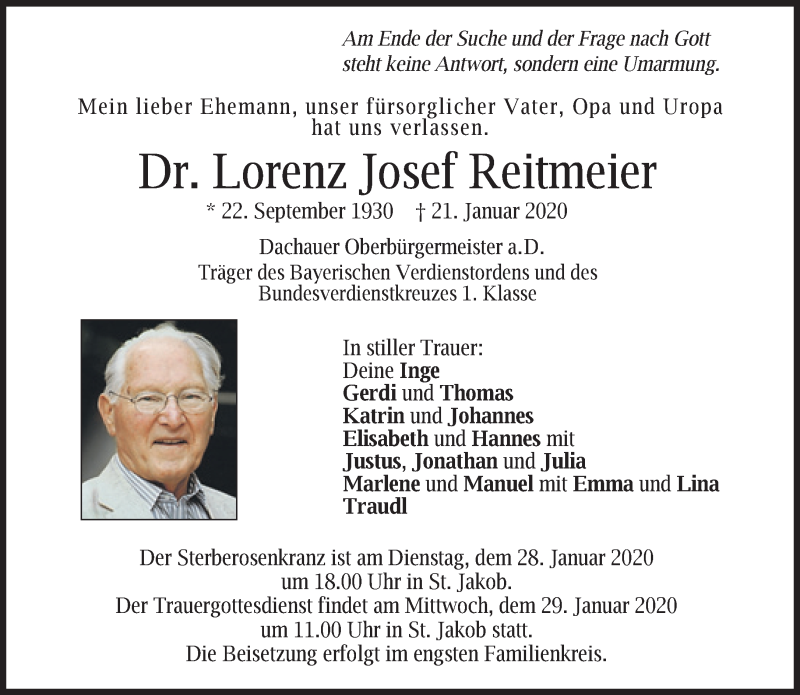  Traueranzeige für Lorenz Reitmeier vom 25.01.2020 aus Süddeutsche Zeitung