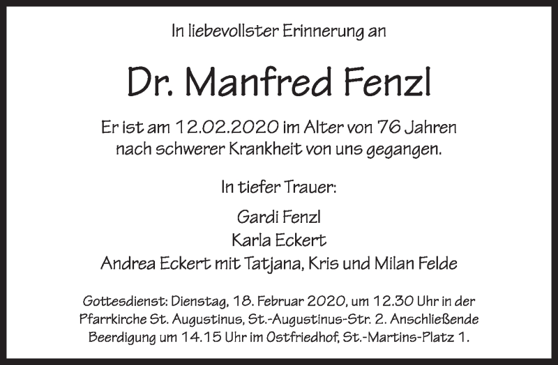  Traueranzeige für Manfred Fenzl vom 15.02.2020 aus Süddeutsche Zeitung