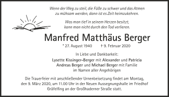 Traueranzeige von Manfred Matthäus Berger von Süddeutsche Zeitung