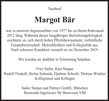 Traueranzeige von Margot Bär von Süddeutsche Zeitung