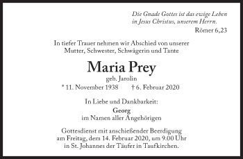 Traueranzeige von Maria Prey von Süddeutsche Zeitung