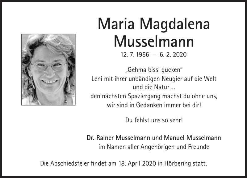  Traueranzeige für Maria Magdalena Musselmann vom 15.02.2020 aus Süddeutsche Zeitung