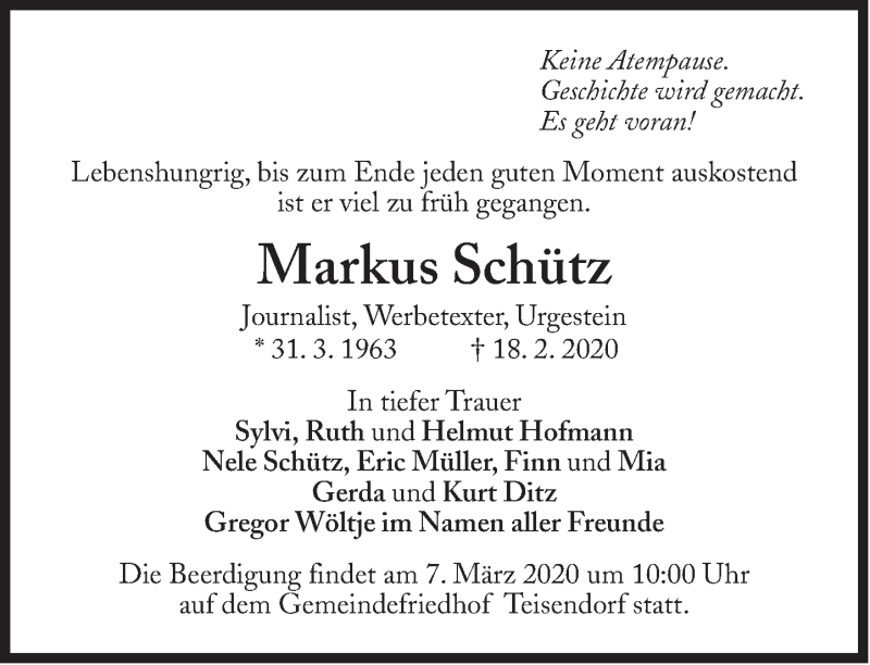  Traueranzeige für Markus Schütz vom 22.02.2020 aus Süddeutsche Zeitung
