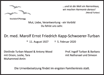 Traueranzeige von Marolf Ernst Friedrich Kapp-Schwoerer-Turban von Süddeutsche Zeitung