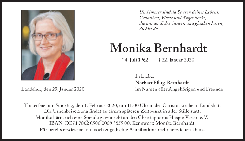  Traueranzeige für Monika Bernhardt vom 29.01.2020 aus Süddeutsche Zeitung