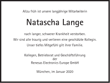Traueranzeige von Natascha Lange von Süddeutsche Zeitung