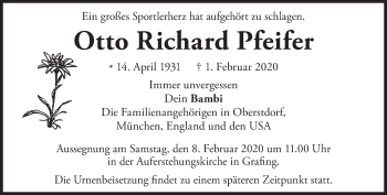 Traueranzeige von Otto Richard Pfeifer von Süddeutsche Zeitung