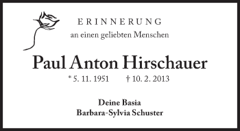 Traueranzeige von Paul Anton Hirschauer von Süddeutsche Zeitung