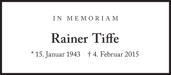 Traueranzeige von Rainer Tiffe von Süddeutsche Zeitung