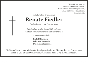 Traueranzeige von Renate Fiedler von Süddeutsche Zeitung