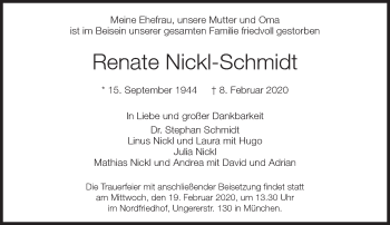 Traueranzeige von Renate Nickl-Schmidt von Süddeutsche Zeitung