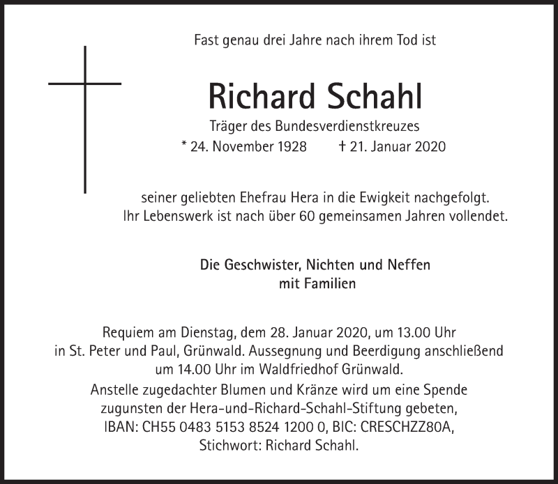  Traueranzeige für Richard Schahl  vom 25.01.2020 aus Süddeutsche Zeitung
