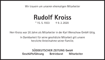 Traueranzeige von Rudolf Kroiss von Süddeutsche Zeitung