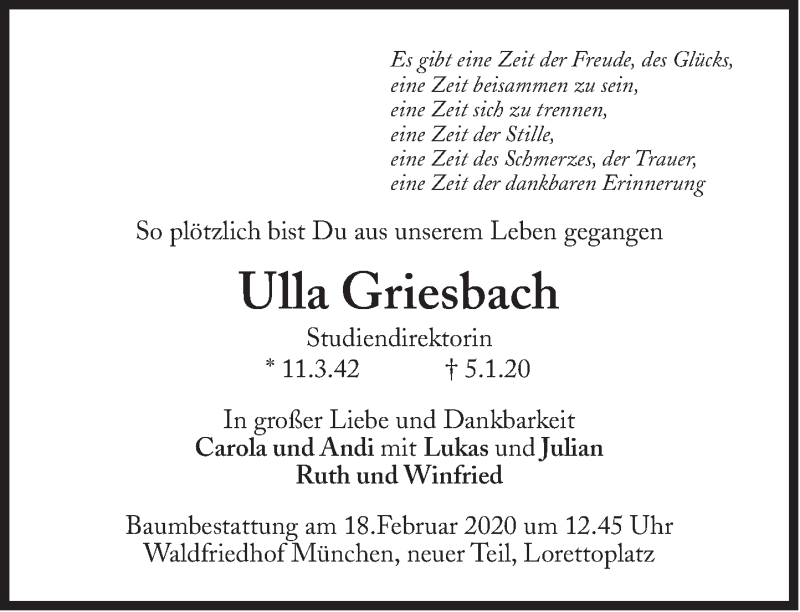  Traueranzeige für Ulla Griesbach vom 25.01.2020 aus Süddeutsche Zeitung