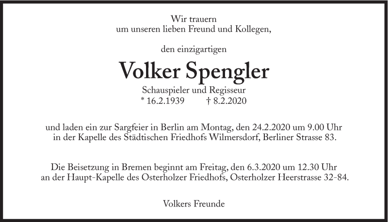  Traueranzeige für Volker Spengler vom 15.02.2020 aus Süddeutsche Zeitung