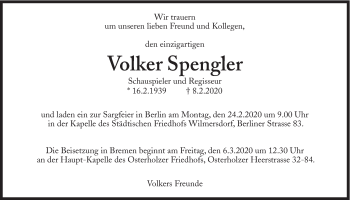 Traueranzeige von Volker Spengler von Süddeutsche Zeitung