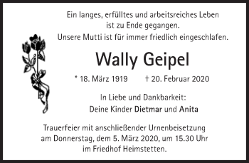 Traueranzeige von Wally Geipel von Süddeutsche Zeitung