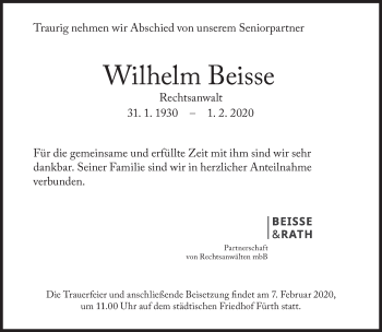 Traueranzeige von Wilhelm Beisse von Süddeutsche Zeitung