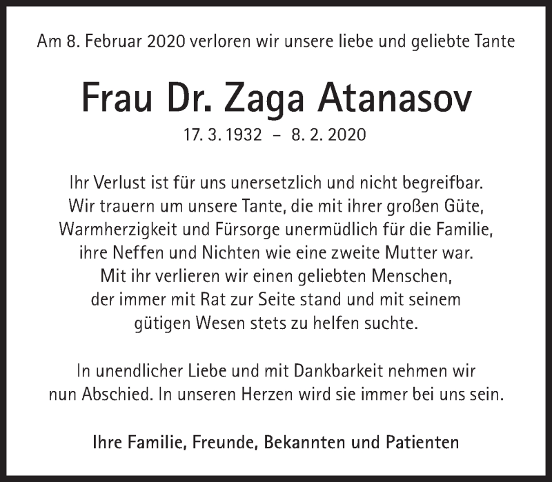  Traueranzeige für Zaga Atanasov vom 15.02.2020 aus Süddeutsche Zeitung