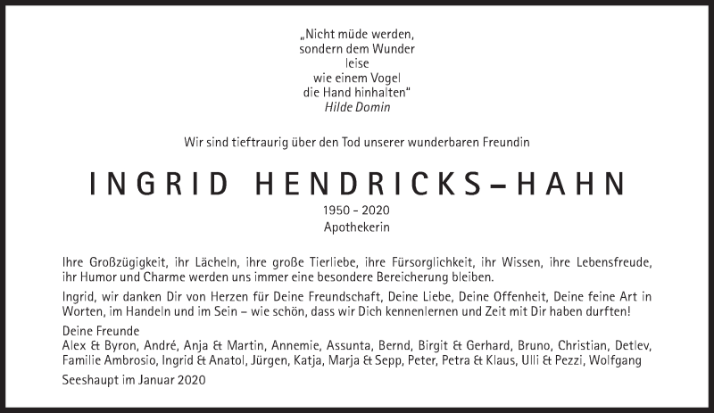  Traueranzeige für Ingrid Hendricks-Hahn vom 01.02.2020 aus SÜDDEUTSCHE ZEITUNG