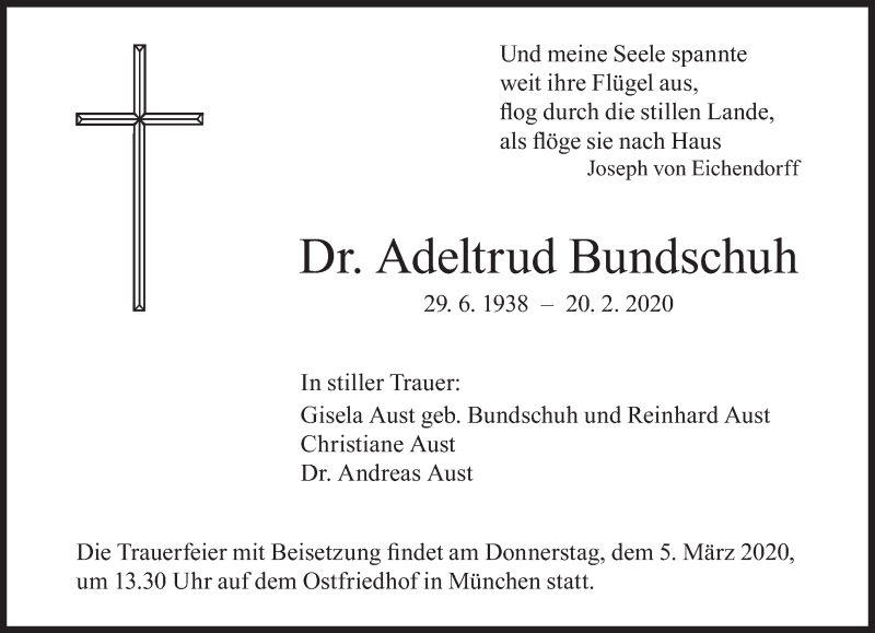  Traueranzeige für Adeltrud Bundschuh vom 04.03.2020 aus Süddeutsche Zeitung