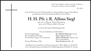 Traueranzeige von Alfons Siegl von Süddeutsche Zeitung