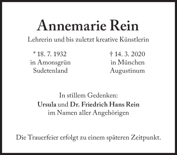 Traueranzeige von Annemarie Rein von Süddeutsche Zeitung