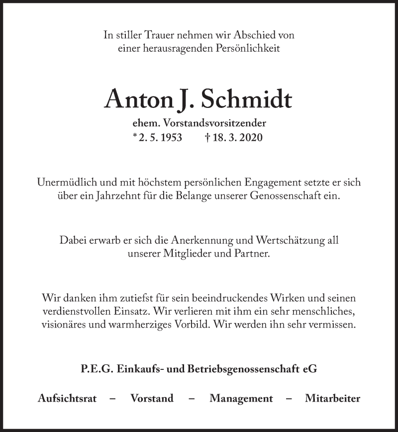  Traueranzeige für Anton J. Schmidt vom 26.03.2020 aus Süddeutsche Zeitung