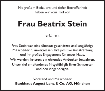 Traueranzeige von Beatrix Stein von Süddeutsche Zeitung