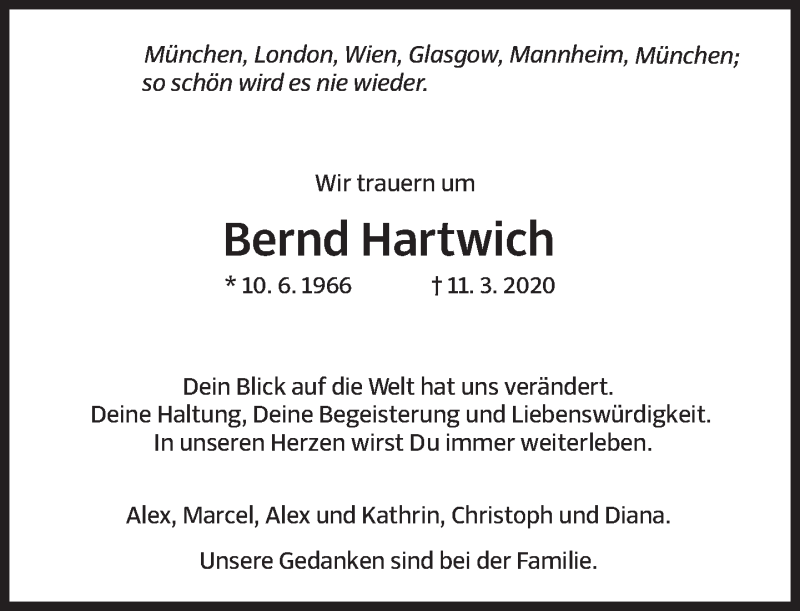 Traueranzeige für Bernd Hartwich vom 16.03.2020 aus Süddeutsche Zeitung