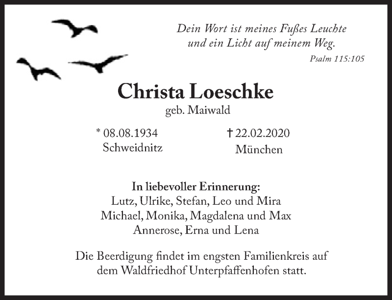  Traueranzeige für Christa Loeschke vom 01.04.2020 aus Süddeutsche Zeitung