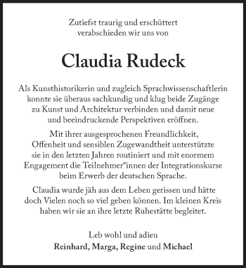 Traueranzeige von Claudia Rudeck von Süddeutsche Zeitung