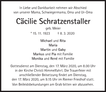 Traueranzeige von Cäcilie Schratzenstaller von Süddeutsche Zeitung