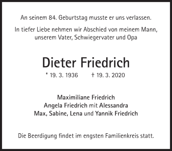 Traueranzeige von Dieter Friedrich von Süddeutsche Zeitung