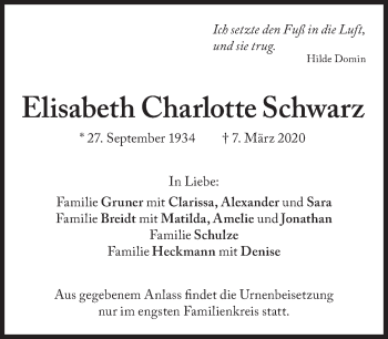 Traueranzeige von Elisabeth Charlotte Schwarz von Süddeutsche Zeitung