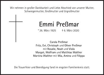 Traueranzeige von Emmi Preßmar von Süddeutsche Zeitung