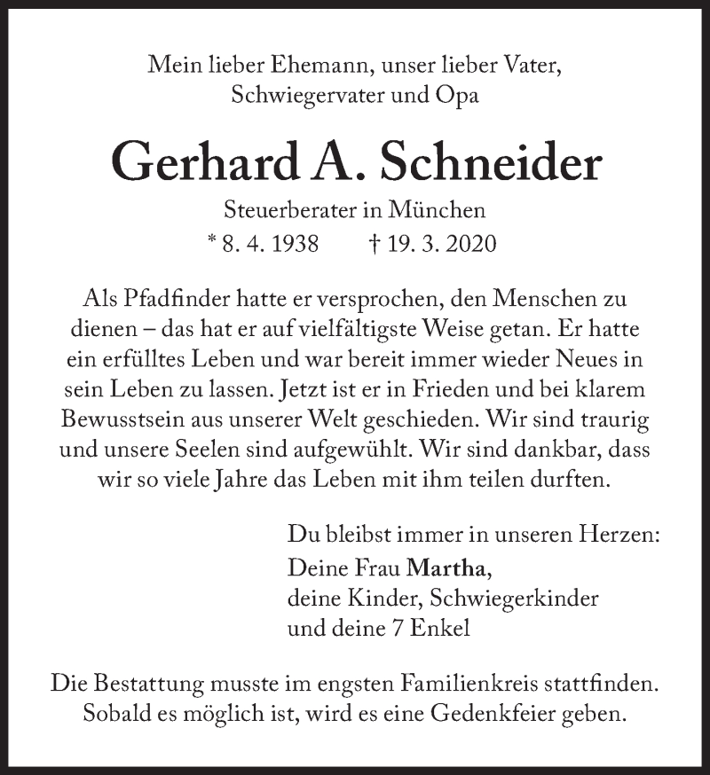  Traueranzeige für Gerhard A. Schneider vom 27.03.2020 aus Süddeutsche Zeitung
