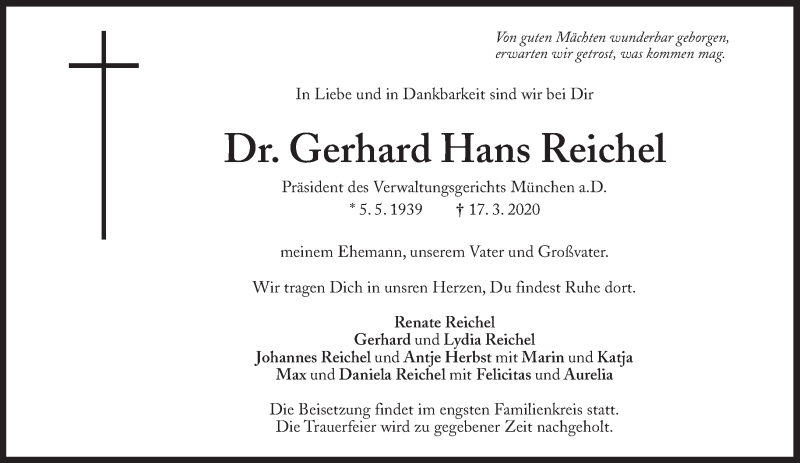  Traueranzeige für Gerhard Hans Reichel vom 21.03.2020 aus Süddeutsche Zeitung