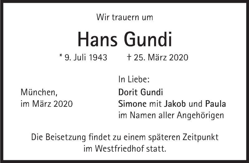  Traueranzeige für Hans Gundi vom 28.03.2020 aus Süddeutsche Zeitung
